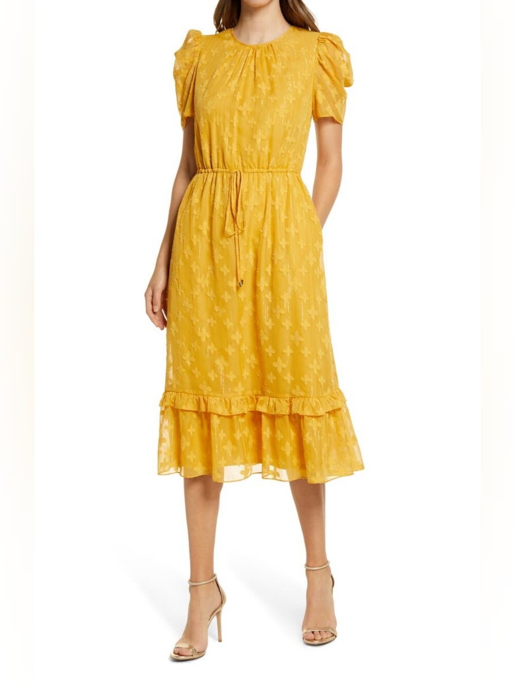 Julia Jordan Metallic Stripe Floral Jacquard Puff Sleeve Midi Dress Size 12